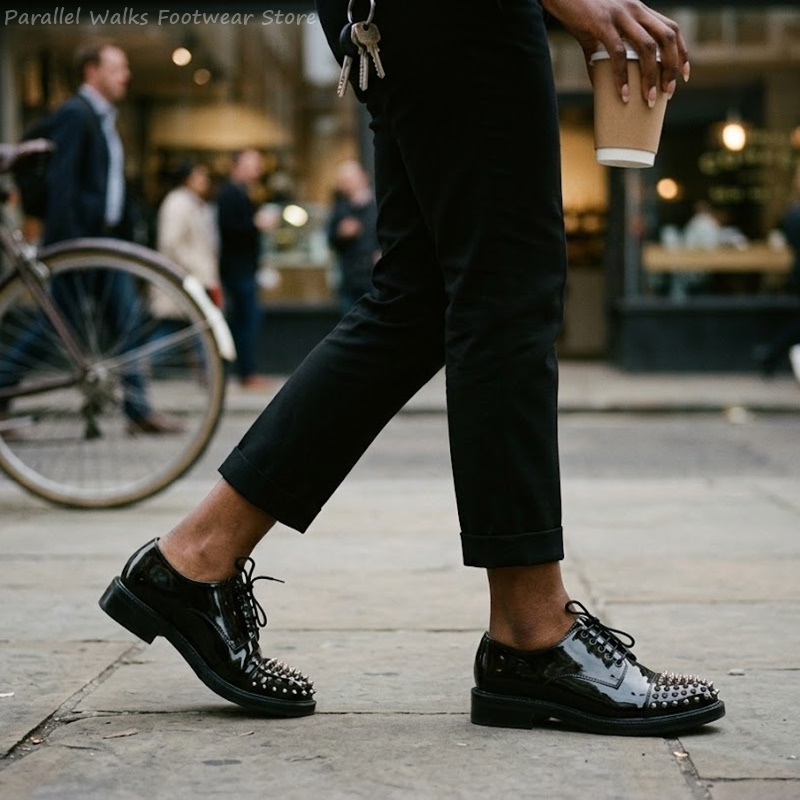 Men Shoes For Wedding - Patent Leather Metallic Studs Lace Up