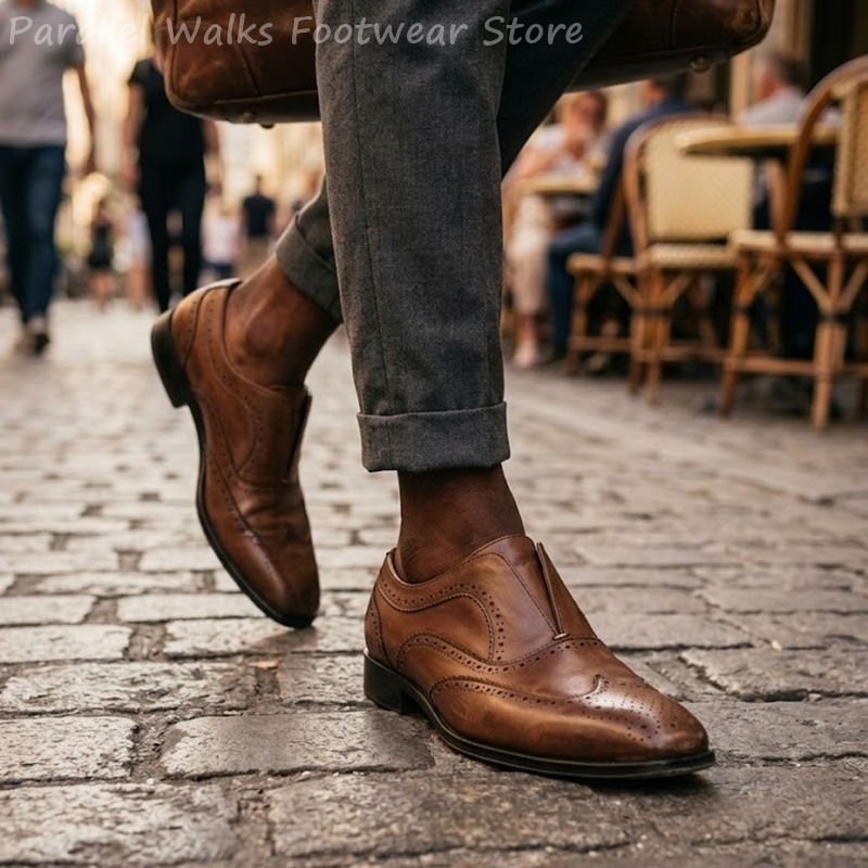 Men Shoes Oxford - Mens Brown Leather Brogue Shoes Slip